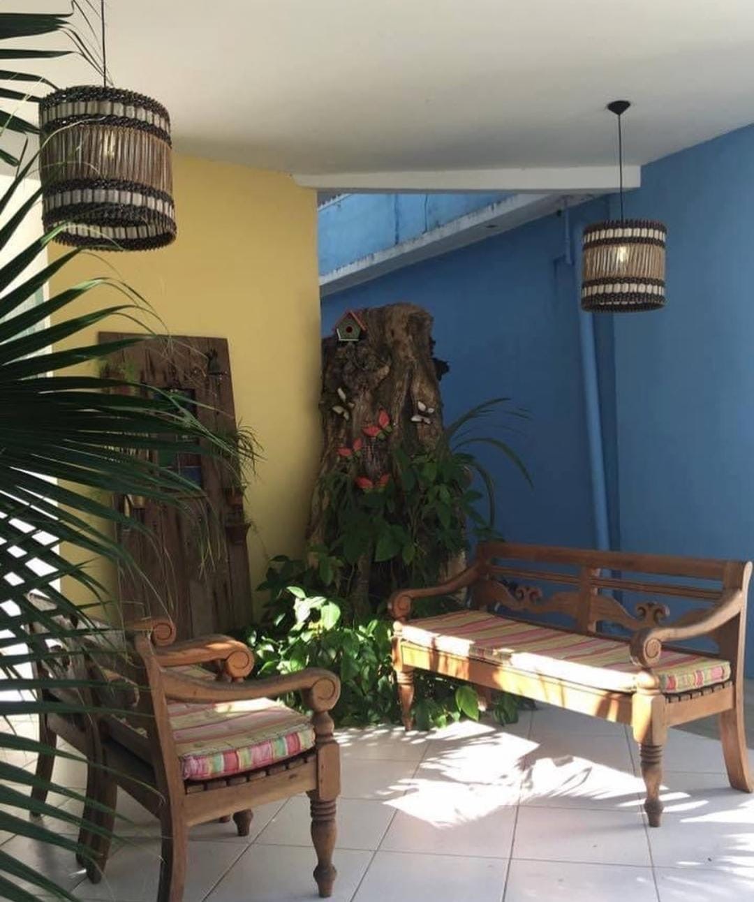 Varanda com bancos de madeira, plantas e paredes coloridas