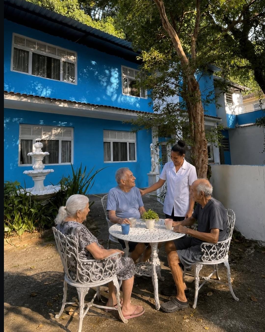 Residentes conversando em volta de uma mesa no jardim, sob as árvores, com uma cuidadora